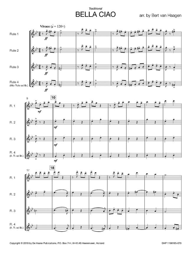 D Où Vient La Musique Bella Ciao Bella Ciao - Quatuor de Flutes - Partition - laflutedepan.com